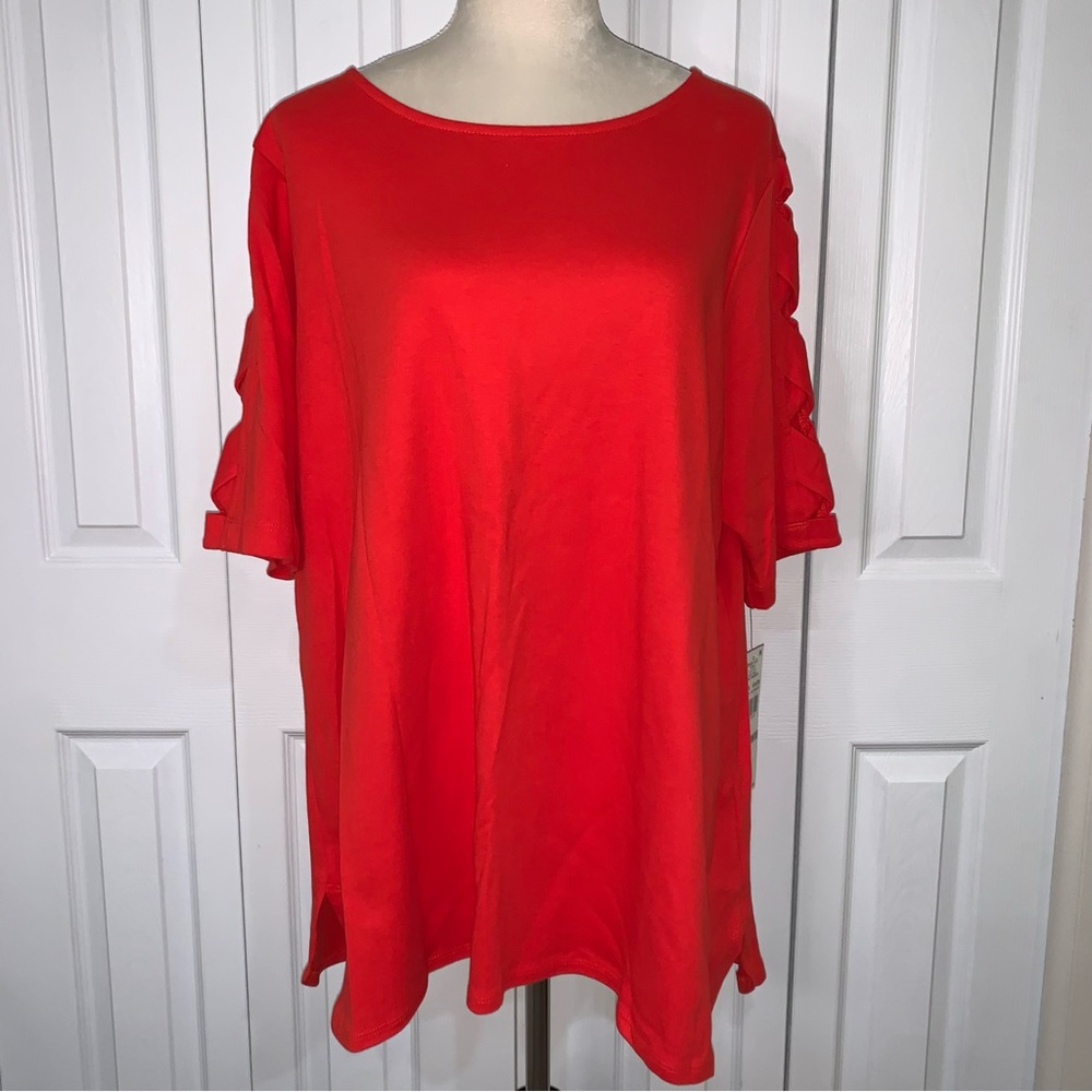 NWT Ruby Rd. red Sz1X cotton short sleeve with braided shoulder/sleeve